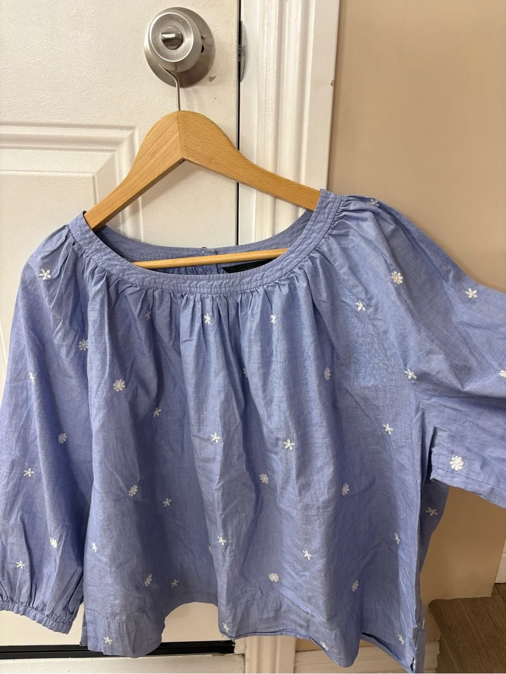 J.Crew XL Blue Embroidered Cotton Peasant Blouse Puff Sleeve Boho Cottage Top